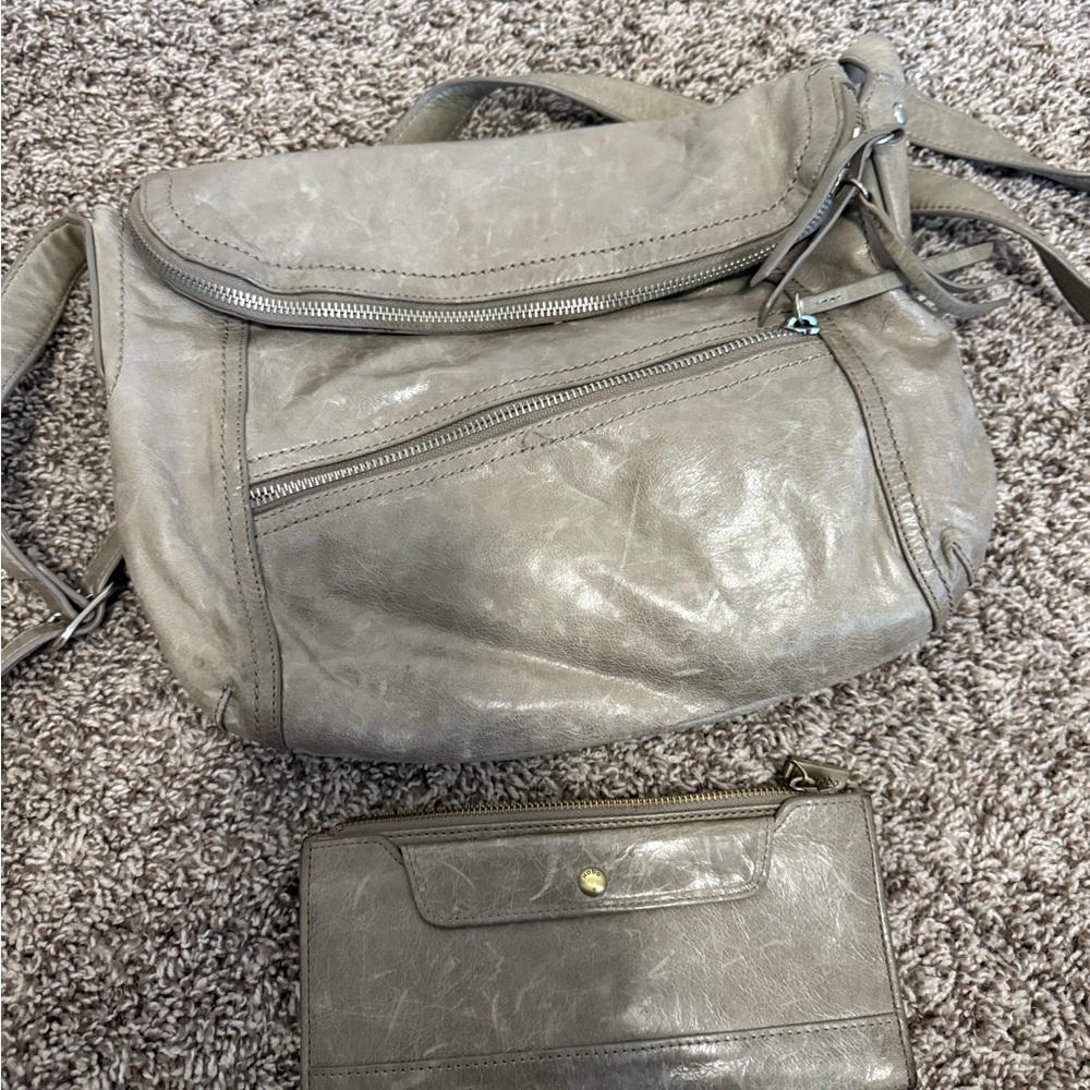 Gray Leather Shoulder Bag with Distressed Finish